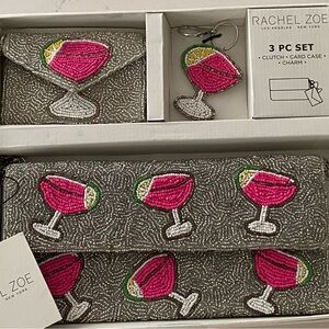 Rachel Zoe Silver Beaded Clutch Set with Pink Cocktail Motif, NWT, 3 piece set